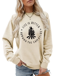 Close-up of Life is Better campfire print on beige crewneck sweatshirt for women