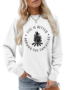 Close-up of Life is Better Around the Campfire print on a white crewneck sweatshirt