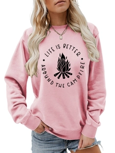 Detail of light pink sweatshirt with 'Life is Better Around the Campfire' graphic print