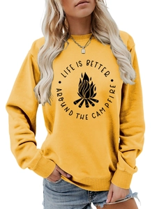 Detail of ginger crewneck sweatshirt showing Life is Better Around the Campfire print