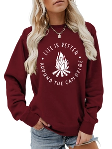 Close-up of Life is Better Around the Campfire print on burgundy crewneck sweatshirt