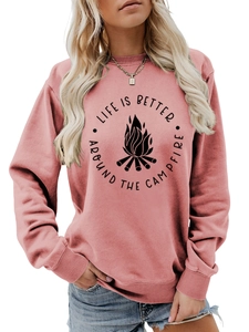 Detail of dusty rose crewneck sweatshirt with Life is Better campfire print design