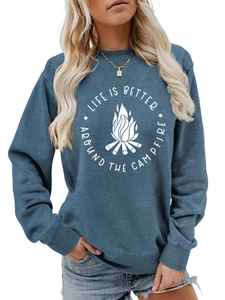 Detail of crewneck sweatshirt showing Life is Better Around the Campfire print