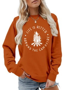Detail of orange crewneck sweatshirt with 'Life is Better' campfire print