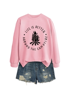 Pink crewneck sweatshirt with Life is Better campfire slogan and ripped denim shorts
