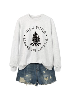 Detail of grey sweatshirt with Life is Better Around the Campfire print and denim shorts
