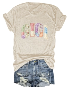 Detailed patchwork GIGI letters on a beige cotton short sleeve T-shirt for casual wear