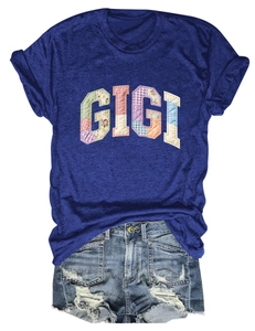 Detail of Gigi patchwork short sleeve t-shirt and distressed denim shorts set