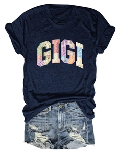 Detail of GIGI patchwork lettering on navy crewneck T-shirt with frayed edges