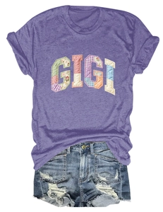 Detail of GIGI colorful patchwork letters on soft purple crewneck short sleeve T-shirt