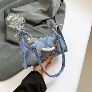 Borsa Sottobraccio Hobo in Denim Texture per Donna Moda Catena Perla Artificial Decor Spalla Borsa a Tracolla Versatile Borsetta Quotidiana