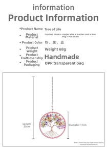 Detailed view of handmade Tree of Life ornament with dimensions and colorful stone craft