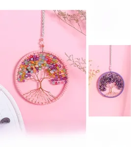 Detailed close-up of handmade Tree of Life wall hanging with colorful crystal stone beads