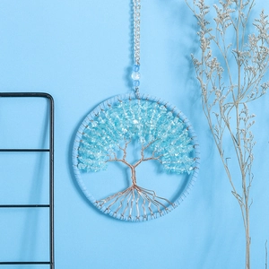 Handmade Tree of Life wall hanging decor with blue crystal stones and metallic chain