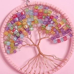 Pink Tree of Life wall hanging with colorful crystal stones and wire-wrapped design