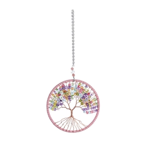 Handmade Tree of Life wall hanging with colorful crystal beads and pink cord rim