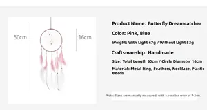 Detail view of handmade pink feather dreamcatcher with dimensions 50cm by 16cm