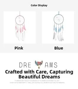 Detail view of pink and blue dreamcatchers featuring feathers and woven mesh beads