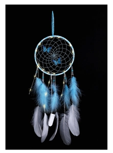 Detail of light blue LED dreamcatcher with colorful butterflies and soft feathers
