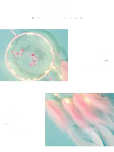 Close-up of pink dream catcher showing woven mesh, soft feathers and LED light details