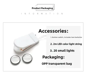 Detail of 2.2m LED light string with 20 beads, switch box and batteries in OPP bag