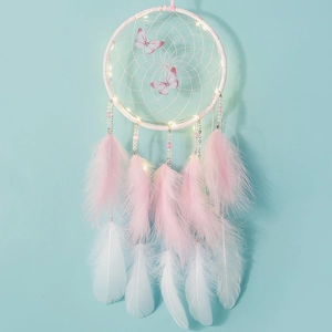 Dream catcher hanging decor with pink butterflies, LED lights and soft feathers
