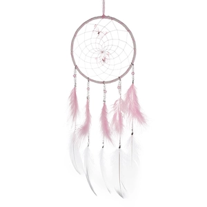 Pink dream catcher wall decor with colorful feathers and butterfly bells for home
