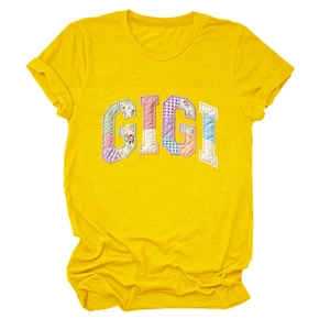 Detail of GIGI colorful patchwork letters on yellow casual cotton short sleeve t-shirt