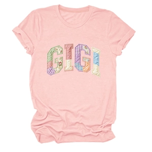 Close-up of pink casual t-shirt featuring GIGI patchwork letters and classic crew neck