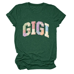 Detail of GIGI colorful patchwork letters on dark green round neck short sleeve cotton T-shirt