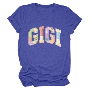 Detailed view of Gigi patchwork letters on a navy crew neck cotton t-shirt with stitching