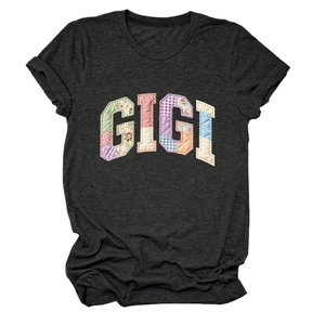 Detail of grey crewneck T-shirt featuring colorful GIGI patchwork letters and soft fabric