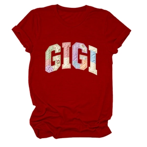 Deep red short-sleeved women's T-shirt with GIGI patchwork lettering on a white background