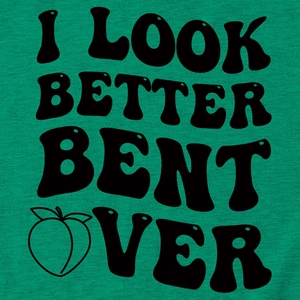 Close-up of peach graphic and text print on green cotton t-shirt fabric texture