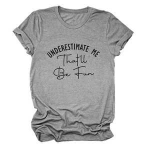 Detailed flat lay of heather grey t-shirt with Underestimate Me printed slogan