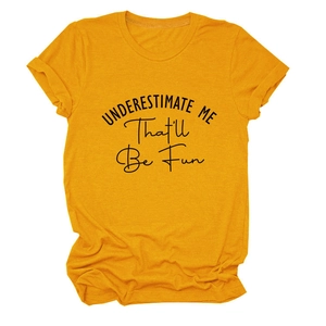 Detail of mustard yellow cotton T-shirt featuring Underestimate Me print and cuffed sleeves