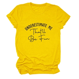 Detail of rolled cuffs and black slogan print on bright yellow cotton crew neck t-shirt