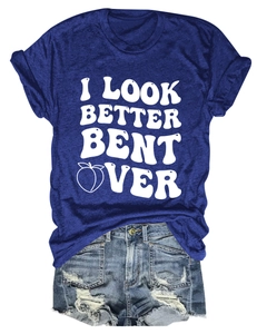 Detail of navy blue crewneck t-shirt with white graphic text and peach print on front