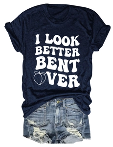 Navy blue cotton T-shirt with white graphic text and peach print paired with denim shorts