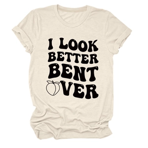 Detail of round neck beige cotton T-shirt with black text and peach graphic print