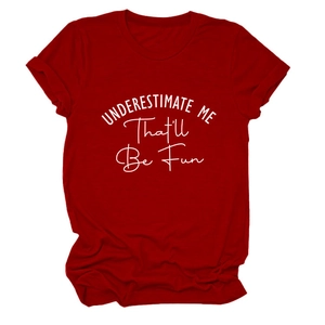 Detail of rolled cuffs and white letter print on dark red cotton crew neck t-shirt