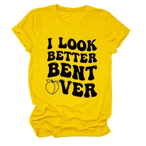 Detail of yellow cotton T-shirt featuring black artistic font and peach graphic design