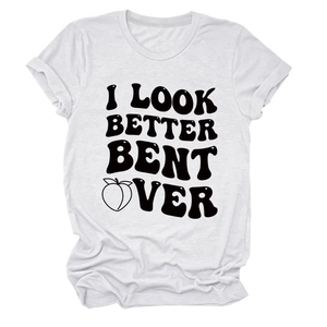 Detail of white cotton t-shirt featuring vintage text print and peach graphic on the chest