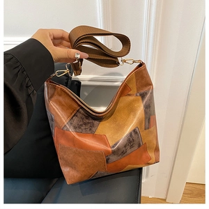 Contrast color geometric patchwork tote bag with wide brown strap for women