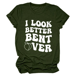 Close-up of deep green crew neck t-shirt featuring a white peach graphic and bold text