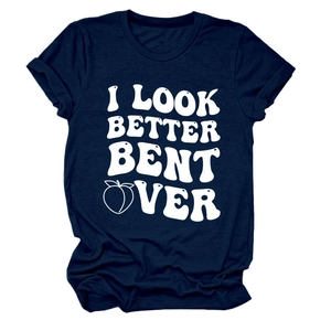 Detail of navy blue crew neck t-shirt with I LOOK BETTER BENT OVER text and peach graphic