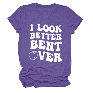 Detail of purple heather t-shirt with I LOOK BETTER BENT OVER text and peach print