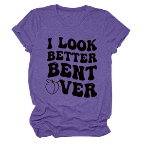 Detailed texture of purple crew neck T-shirt with black text and peach graphic