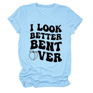 Detailed flat lay of light blue crew neck T-shirt with black graphic slogan text and icon