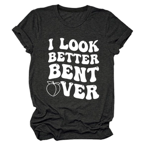 Detail of soft charcoal grey knit fabric and white text print on women's crewneck t-shirt